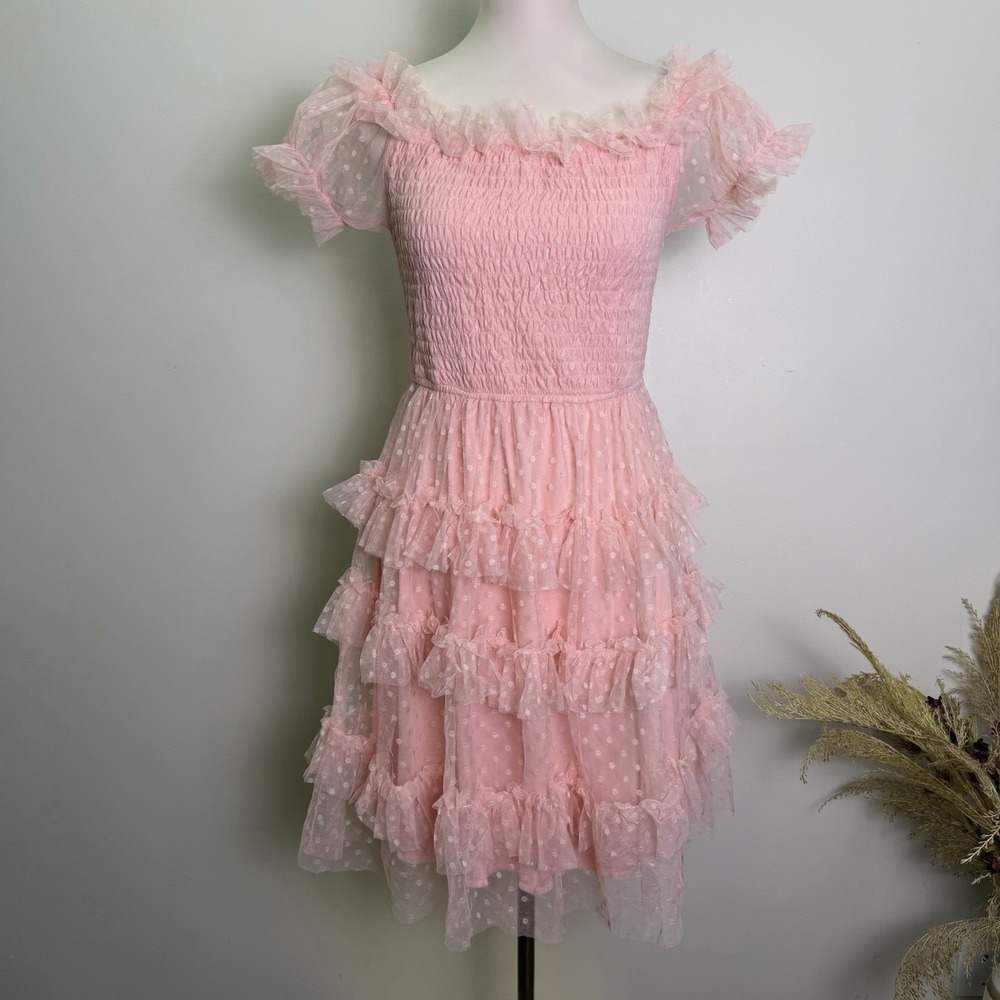 Simplee Pink Swiss Dot Tulle Tiered Ruffle Mini Dress Smocked Fairycore Size L